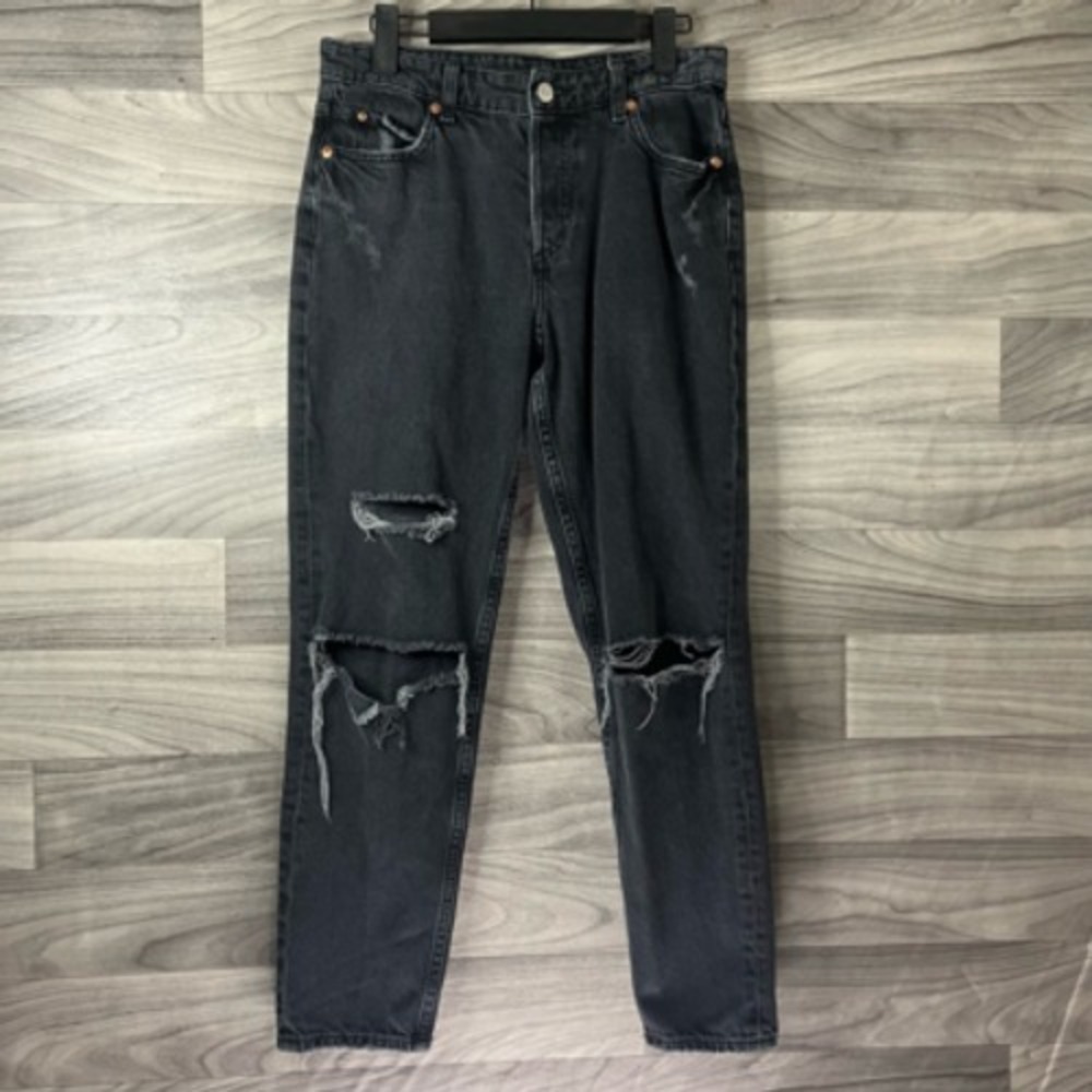 &Denim Boyfriend Jeans Womens Slim Leg Black‎ Ripped Frayed Dark Wash Mid Rise 4